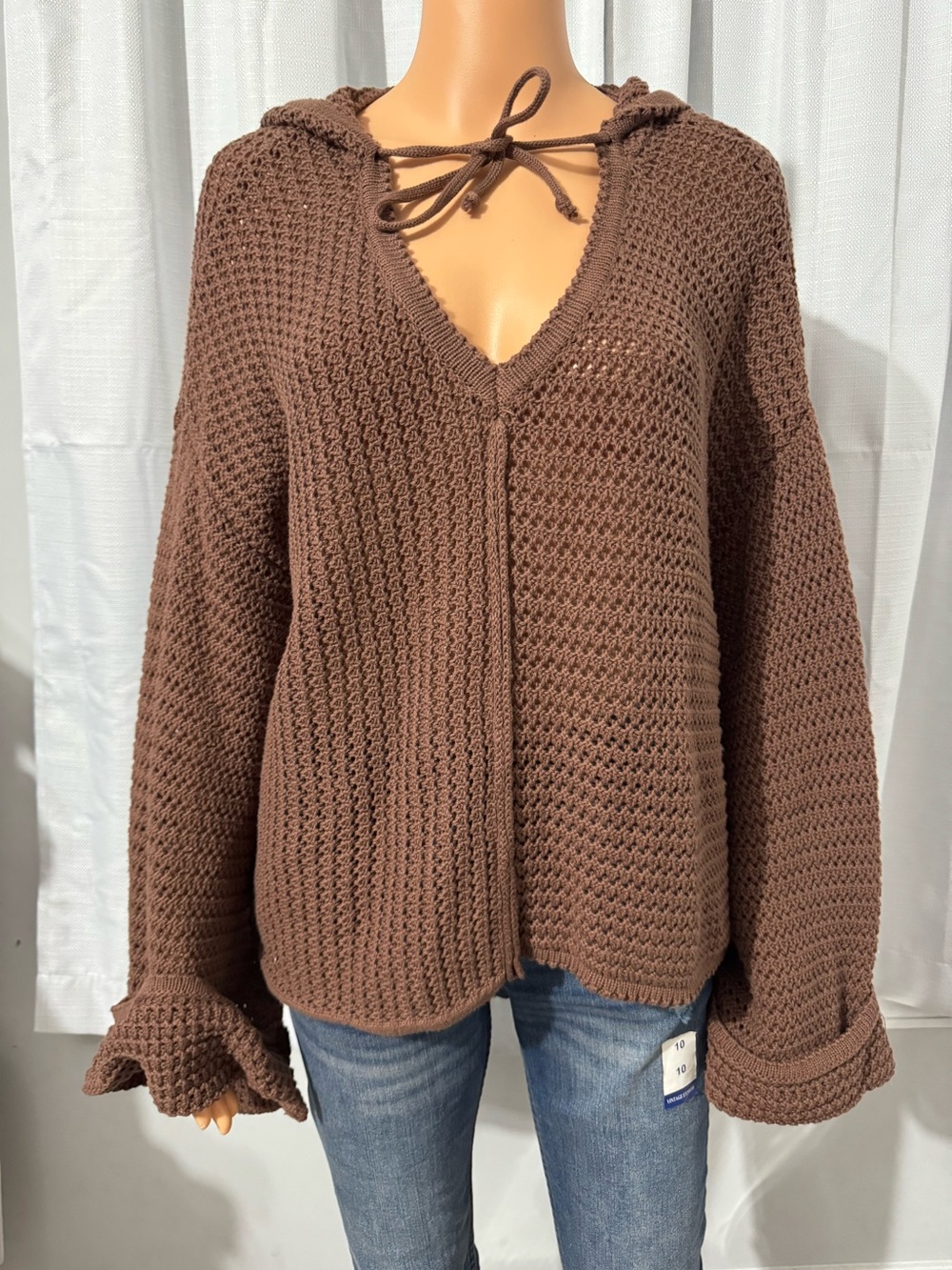 This is a cool oversized chocolate brown hooded crochet v-neck sweater new